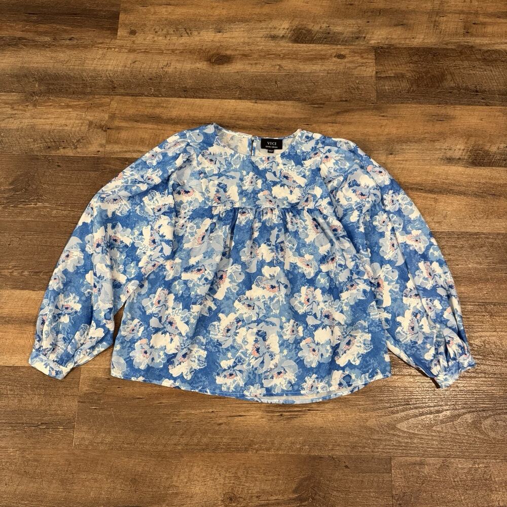 VICI Blouse Top XS Blue White Floral Boho Office Career Flowy Blouson Sleeves